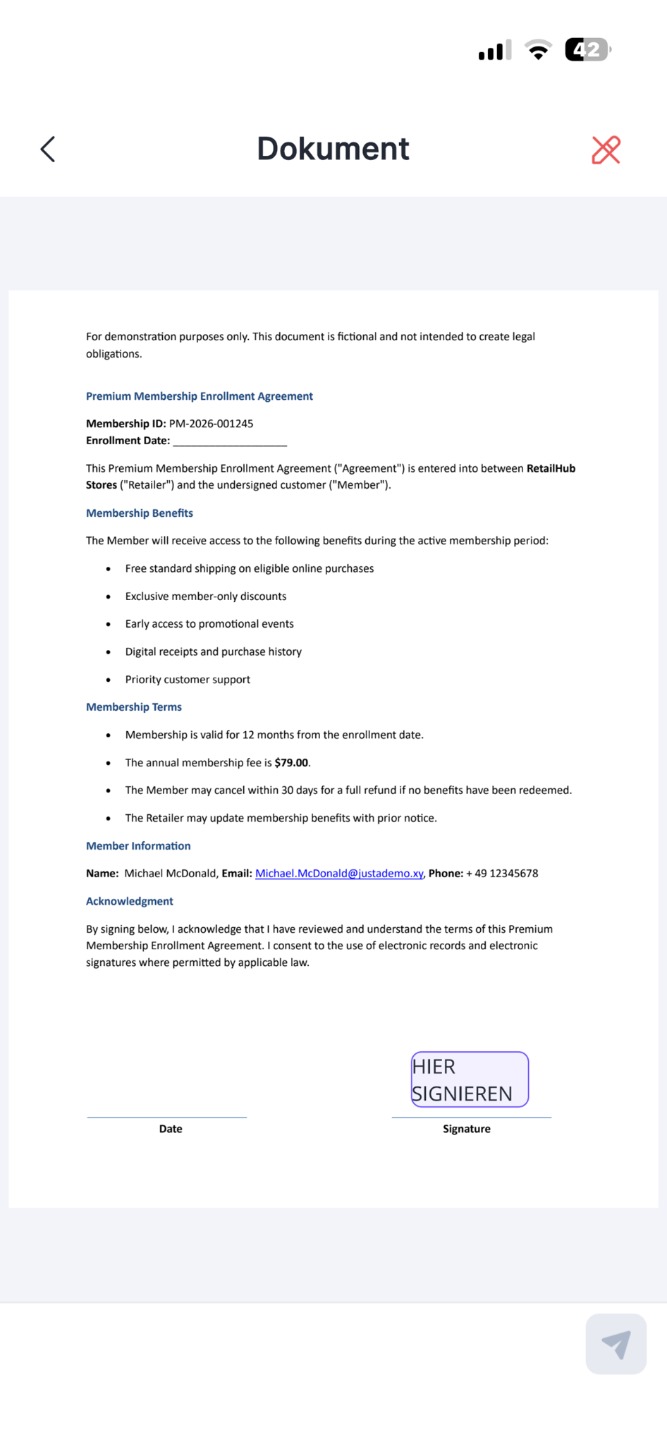 Document preview with the signature position marked