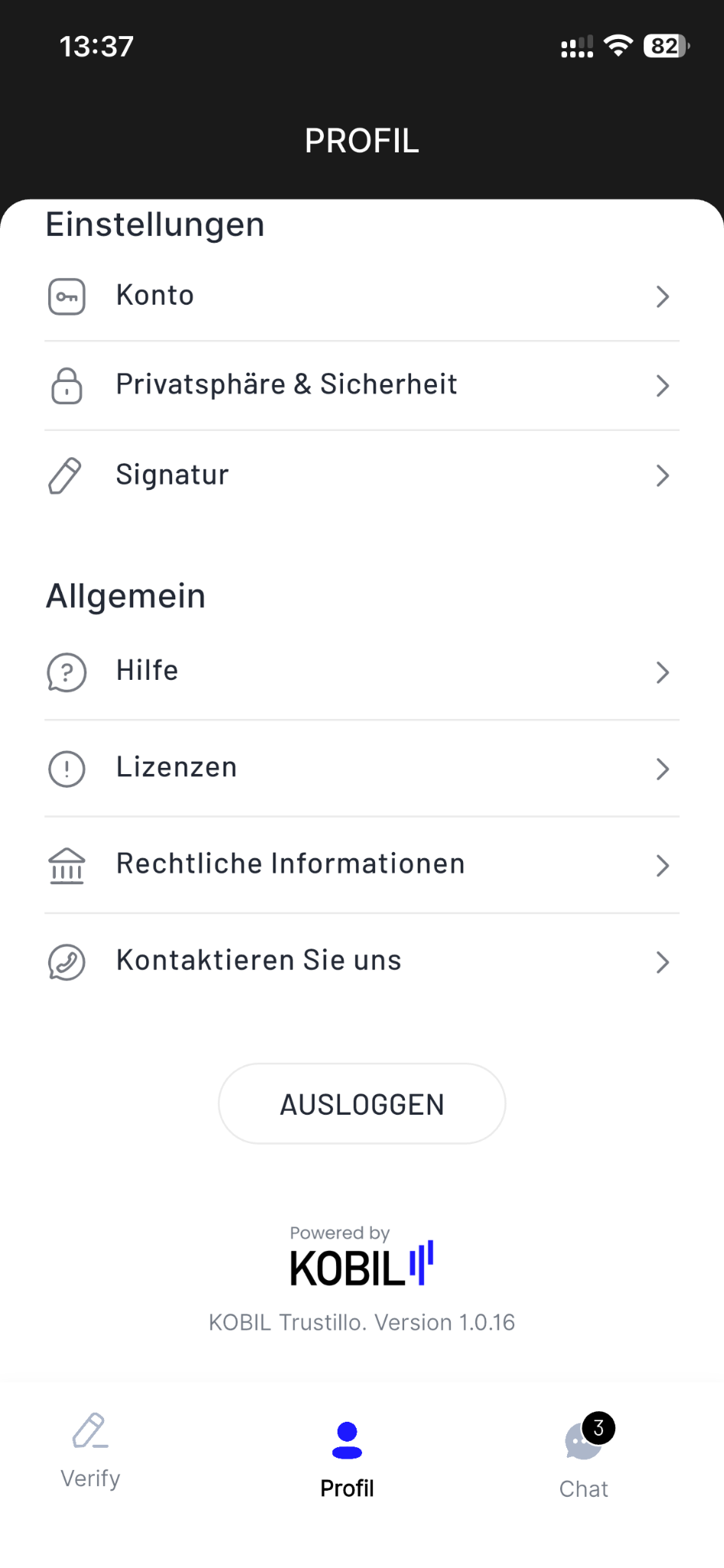 Profile with account, signature and security settings