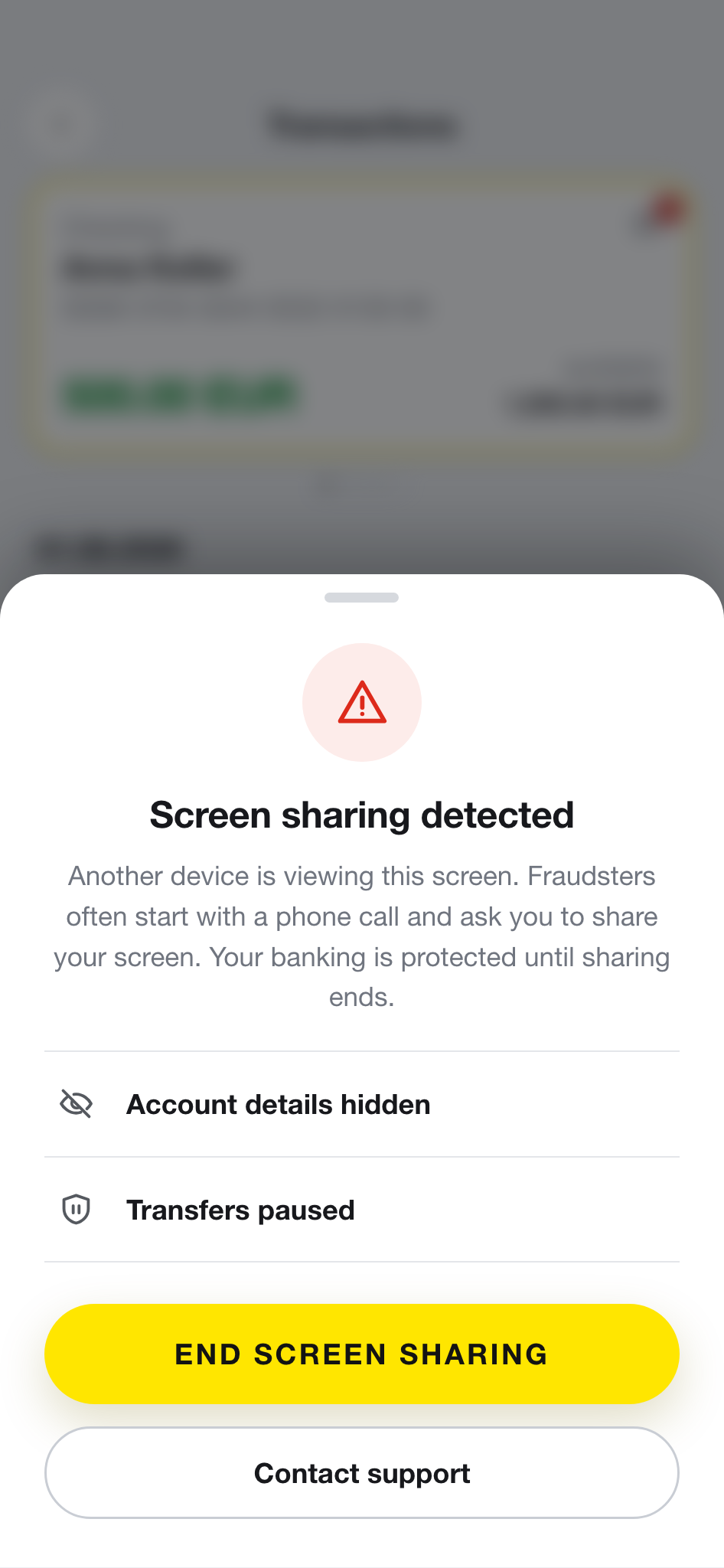 Fraud warning: screen sharing detected, account details hidden and transfers paused