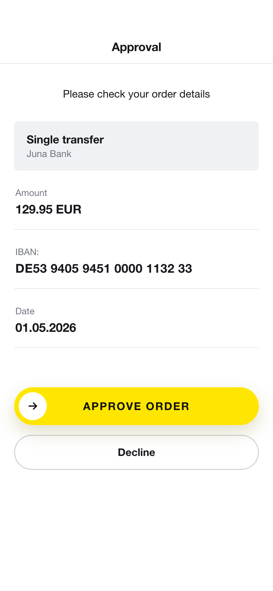 Transaction approval screen with order details and the option to approve or decline