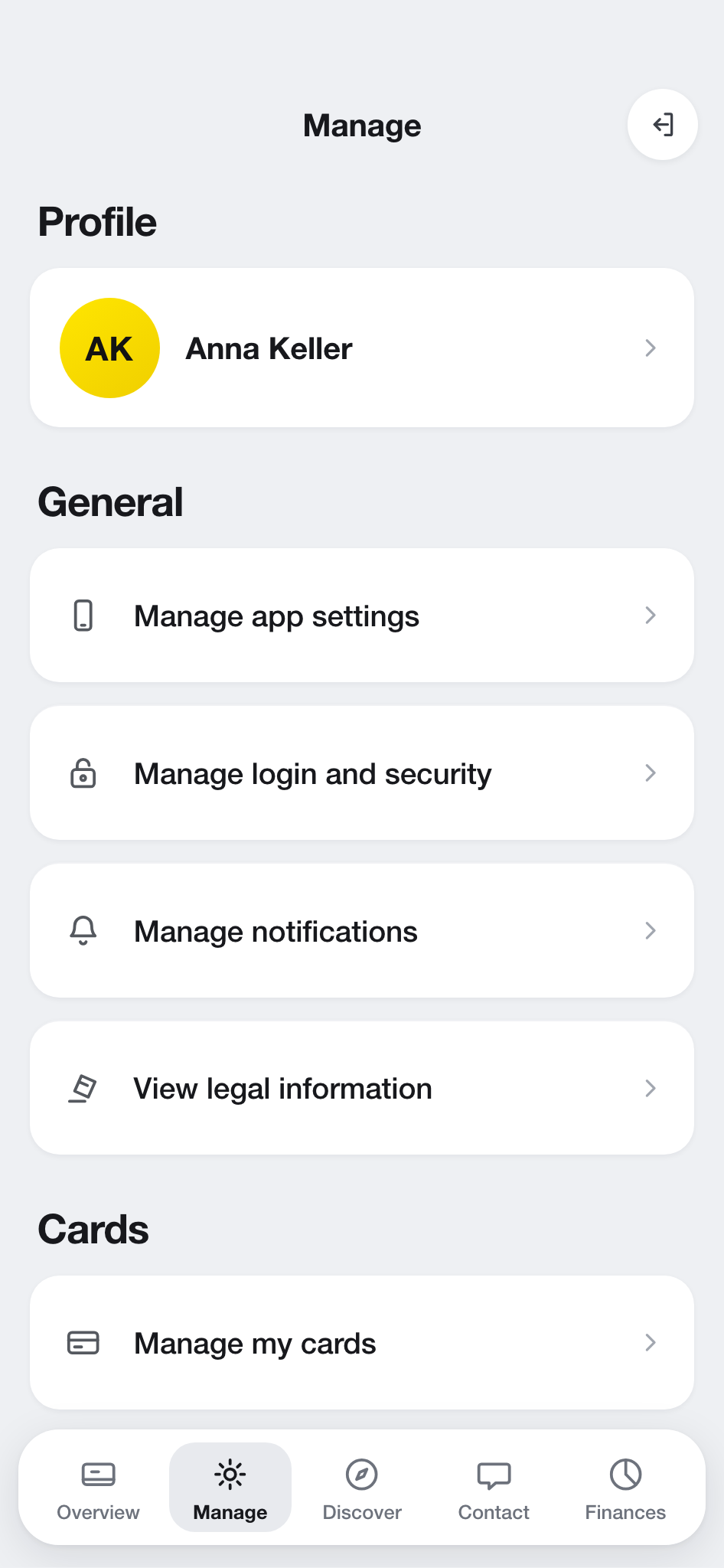Settings with profile, login and security management